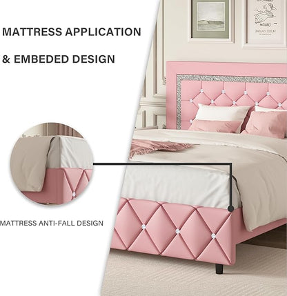 BarnFurin Queen Bed Frame with Headboard, Faux Leather Upholstered Bed with Diamond Tufted Design, Modern Platform Bed Frame, No Box Spring Required, Easy Assembly, Pink