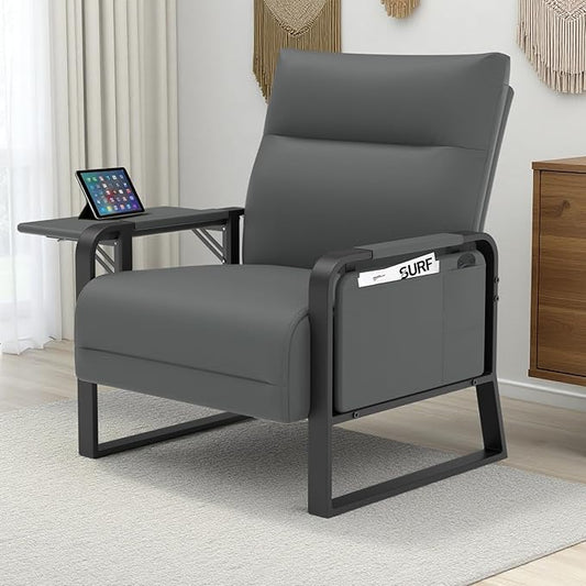 Upholstered Accent Chair, Modern Faux Leather Sofa Chair with Foldable Side Tray Table & Storage Pocket, Small Accent Sofa for Living Room, Bedroom, Reception Room, Gray