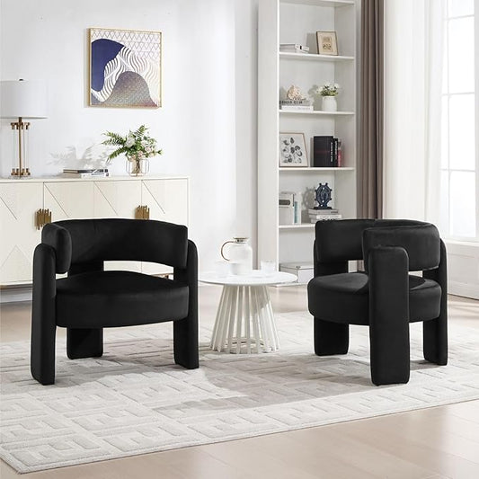 Set of 2 Accent Chairs with Arms, Upholstered Barrel Armchair with Curved Back, Comfy Single Side Chair for Reading, Living Room, Home Office, Black