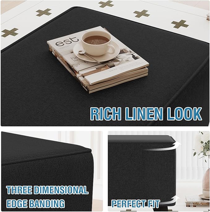 H.VERSAILTEX Square Ottoman Cover Fit Length 18"-19" Footrest Durable Linen Look Fabric Ottoman Slipcover Thick Soft Footrest Stool Covers for Square Ottoman Removable Washable - Heather Black