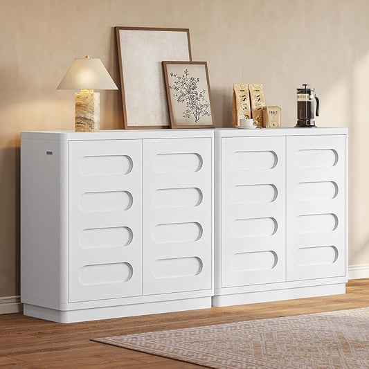 Buffet Cabinet Set of 2 with Storage, Arc Accent Sideboard with 2 Doors and Adjustable Shelves, Large Console Table for Dining Room, Kitchen, Living Room, White