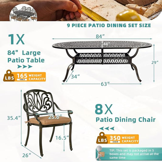 MEETWARM 9-Piece Outdoor Patio Dining Set- 8 Outdoor Dining Cushioned Chairs and 1 Oval Table with 2" Umbrella Hole, All Weather Cast Aluminum Patio Funiture Set for Backyard, Patio, Garden