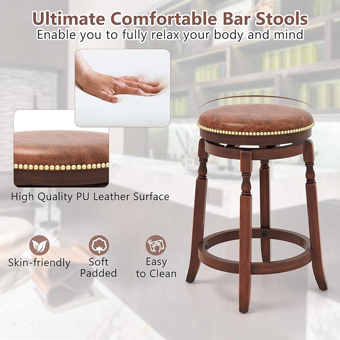COSTWAY Round Swivel Wooden Bar Stools Set of 4, 24-inch Upholstered Backless PU Leather Farmhouse Counter Chairs with Footrest, Decorative Rivets for Kitchen Island, Dining Room, Walnut