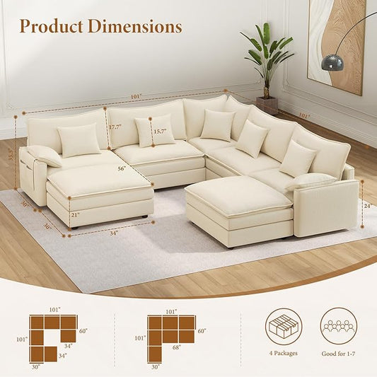 Vesgantti 108" V-Shaped Corner Couch Sectional, 7 Seat Customizable Modular Cloud Couches with Movable Ottoman, Chenille Deep Seat Sofa Set with Chaise for Living Room, Bedroom and Apartment, Beige