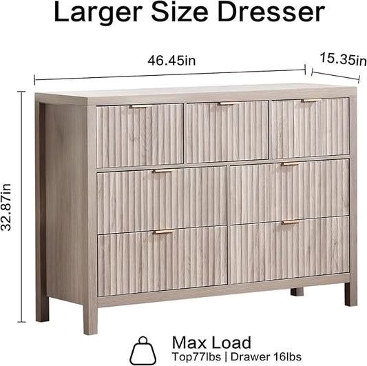 Fluted Dresser for Bedroom with 7 Drawers, 47" Wide Modern Chest of Drawers, Wood Dresser TV Stand Wooden Closet Clothes Storage Organizer for Bedroom, Living Room, Hallway - Oak Grey