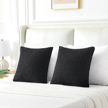 FUTEI Black Throw Pillow Covers 26x26 Inch Set of 2,Furry Faux Fur Teddy Boucle Textured Cushion Covers,Soft Fluffy Decorative Euro Pillow Shams,Home Decor for Couch Bed Living Room Office Car