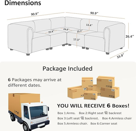 VANOMi Oversized Modular Sectional Sofa, V-Shaped Corner Sectional Couch for Living Room, 5 Seats Modular Sofa, Cream White