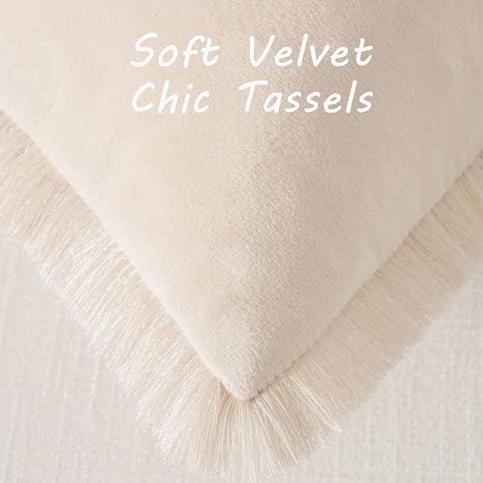 FUTEI Beige Velvet Decorative Throw Pillow Covers 20x20 Set of 2,Soft Cozy Edge with Tassels Cushion Case,Boho Modern Home Decor for Couch Bed Living Room