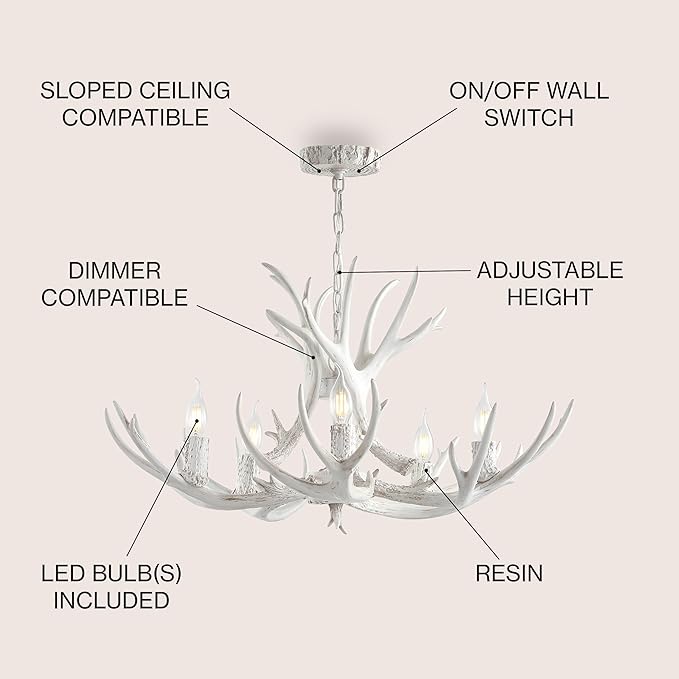 JONATHAN Y JYL6300B Eldora 30" Adjustable Resin Antler 5-Light LED Chandelier, Glam, Rustic,Cottage,Transitional, Dimmable Dining Room, Living Room, Kitchen, Foyer, Bedroom, White