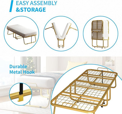 Mjkone Folding Bed with 4-Inch Mattress, 75x31 Inch Portable Rollaway Bed for Adults, Space Saving Design & Locking Wheels