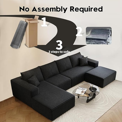 135.4" Cloud Sectional Couch with 1 Ottoman,Modern Modular Sofa with Deep Seat, Comfort U Shaped Sofa Couches for Living Room Bedroom Apartments,No Assembly Required, (Black,Left Facing Chaise)