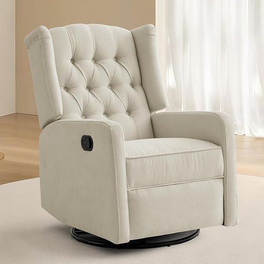 ABAKAN Swivel Rocker Recliner Chair, 360 Degree Nursery Rocking Recliner, Linen Glider Chair with Button Tufted Wingback Chair, for Living Room, Bedroom, Ivory