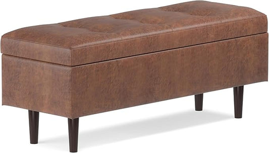 SIMPLIHOME Shay 48 inch Wide Mid Century Modern Rectangular Storage Ottoman in Distressed Saddle Brown Vegan Faux Leather, Assembled, For the Living Room, Entryway and Family Room