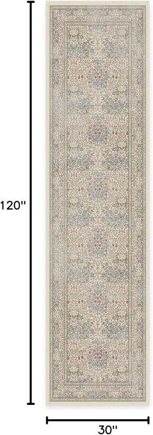 RUGGABLE x Morris & Co Machine Washable Runner Rug – Blackthorn Ivory Blue 2.5x10, Stain-Resistant, Non-Slip – Washable Rug for Hallway, Entryway, Living Room & Kitchen–with Cushioned Pad
