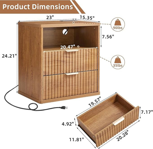 LEYAOYAO Fluted Nightstand with Charging Station, 23" Modern Night Stand with Woodgrain Top, 2 Drawers End Table w/Storage, Bedside Tables for Bedroom, Living Room, Curved Profile Design,Brown