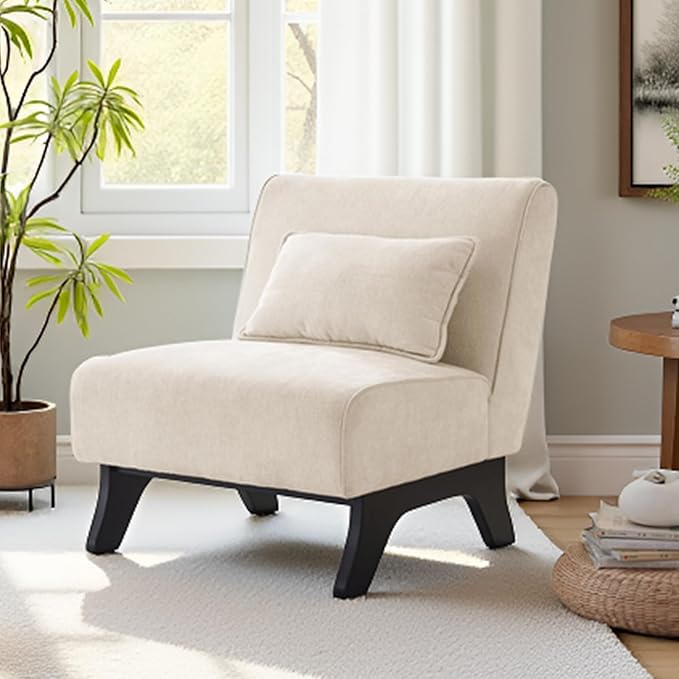 Upholstered Armless Accent Chair,Modern Comfy Living Room Chairs with Wooden Legs& Pillows,Lounge Sofa Side Chair for Bedroom Farmhouse Reading (Beige, 1 PC)