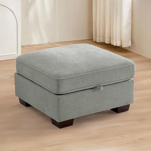 TEKAMON 27.5" Storage Ottoman, Square Footrest with Sponge Padded Seat, Chenille Fabric Step Stool for Sofa, Bedroom, Living Room, Entryway, Modern Change Shoes Stool, Wood Legs, (Light Grey)