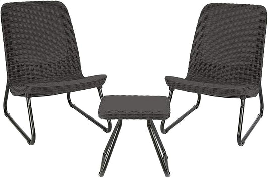 Keter Rio 3 Piece Resin Wicker Patio Furniture Set with Side Table and Outdoor Chairs for Front Porch and Backyard Decor, Dark Grey
