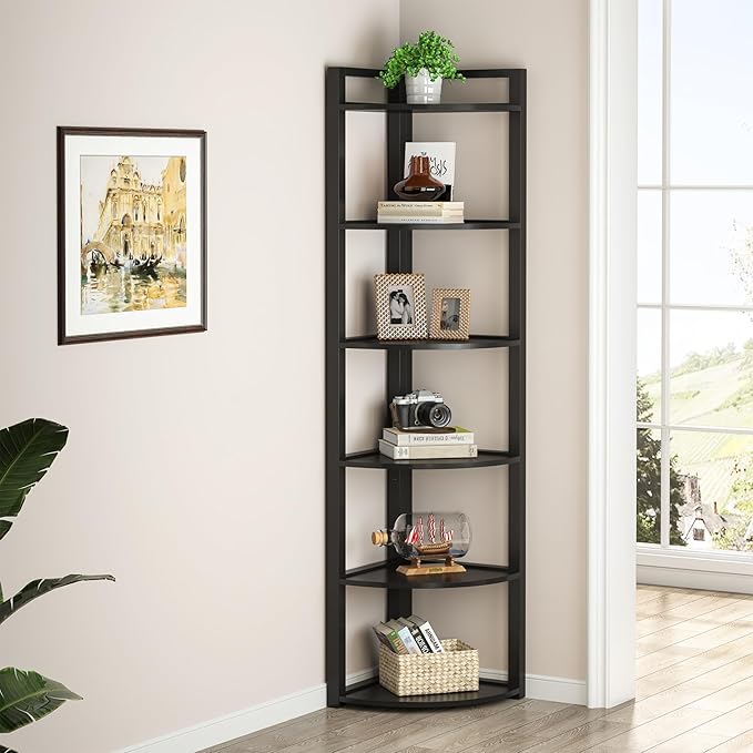 TRIBESIGNS WAY TO ORIGIN Corner Shelf, 70.9 Inch Tall Corner Bookshelf, 6 Tier Ladder Shelf with Metal Frames Multifunctional Modern Bookcase for Living Room, Home Office, Kitchen, Small Space (Black)
