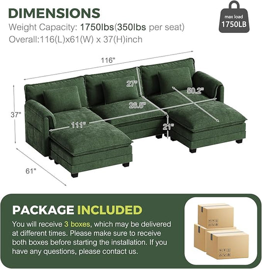 ELUCHANG 116" U Shaped Modular Sectional Cloud Couch with Pillow, Deep Seat Sofa Couches for Living Room, 5-Seat Modern Sofa with Movable Ottoman, Chenille Olive Green