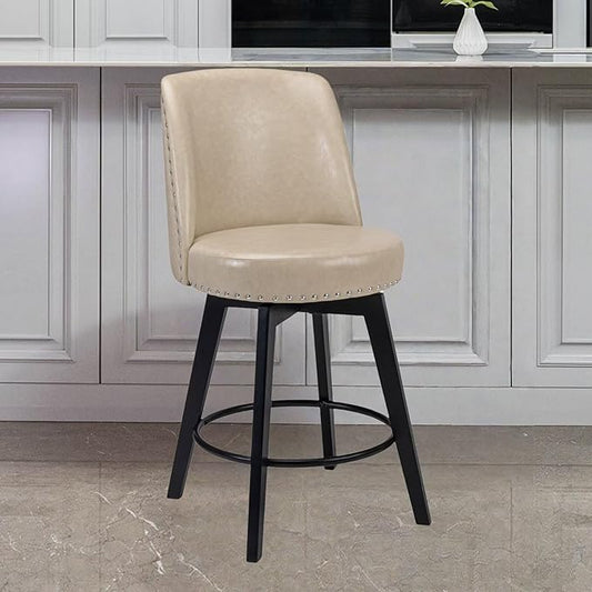 MINCETA Bar Stool, PU Leather Barstool, 26 Inch Upholstered Counter Stool with High Back and Footrest, Swivel Counter Height Barstool for Kitchen Island Home Bar Khaki