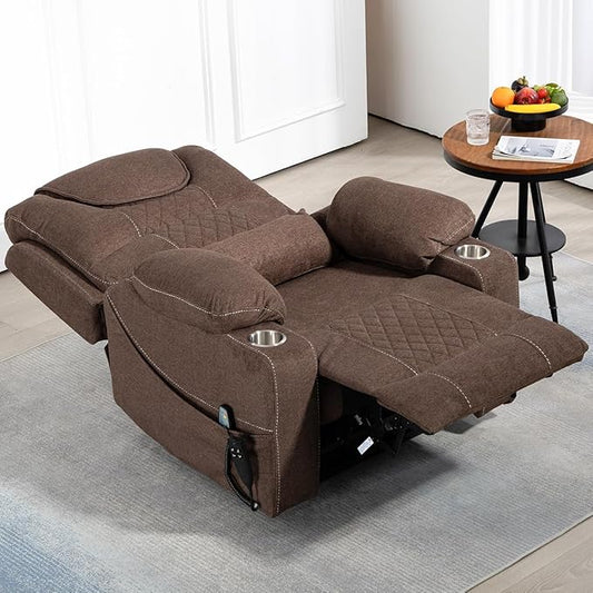 Oversized Lazy Boy Recliner Chair, 2 Motor Leather Recliner, Nursing Lift Chair with Massage and Lumbar Heating, Functional Adult Power Recliner with Cup Holders