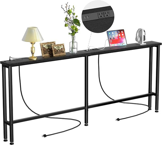 70" Narrow Console Sofa Table - 2 Power Outlets & 4 USB Ports, Metal Frame, Black, Perfect for Hallway, Office, and Behind Sofa - Easy Assembly, 4.9' Extension Cord Included