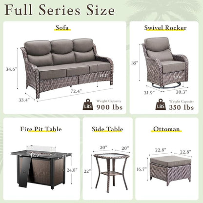 Luxury High Back Outdoor Furniture with 6-inch Extra Thick Cushions, Patio Furniture Set with Fire Pit Table & Swivel Chairs, 7 PCS Wicker Conversation Set for Yard, Deck, Poolside, Brown/Grey