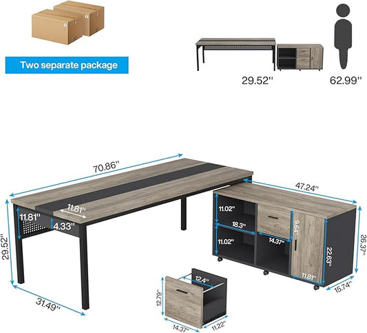 Tribesigns 71 inch Executive Desk, L Shaped Desk with Mobile File Cabinet, Executive Office Table with 2 Drawers and Storage Shelves, Business Furniture Workstation for Home Office, Grey and Black