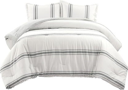Lush Decor Farmhouse Stripe Reversible Cotton Comforter Set - 3 Piece Cozy Pinstripe Bedding Set - Classic Modern Rustic Charm Bedroom Decor - King, Dark Gray