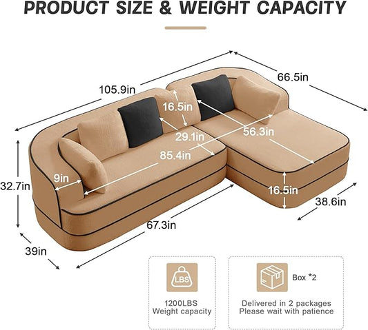 Cloud Sectional Sofa Modern Boneless Couch for Living Room, Comfy Deep Seat Comfy Teddy Fabric Double Sofa Chaise No Assembly Required (Camel, 106" L Shape with Right Facing)