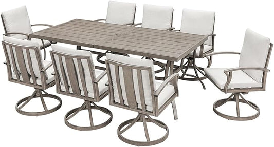 9-Piece Patio Dining Set for 8, Aluminum Outdoor Swivel Dining Set with Cushions, Outdoor Dining Set with Umbrella Hole, Patio Table and Chairs Furniture Sets for Deck, Garden Yard, Limed Oak