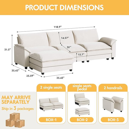 Homall Modular Sectional Sofa, Loveseat Sofa Couch with Reversible Ottoman, DIY Combination Chenille Deep Seat Cloud Couch for Living Room, Apartment (White, L Shaped Sofa)