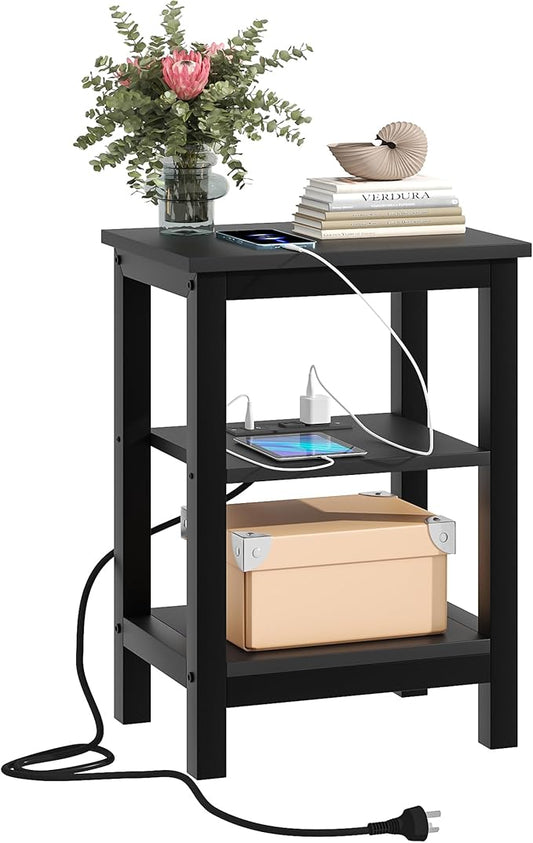 VECELO Modern Nightstands with Charging Station,Side End Table Night Stand with Storage Shelf for Small Spaces, Bedroom,Living Room