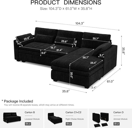 Belffin Large Modular Sectional Sofa with Deep Chaise, 104" Corduroy L Shaped Couch with 9" Soft Dual-Layer Seats Cushion for Living Room, Apartment, Black