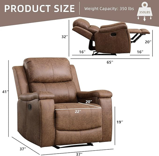 Leather Recliner Chair, Manual Recliner Chair for Adults with Overstuffed Arms and Back, Single Sofa Recliner with Cup Holders for Living Room (1, Nut Brown)