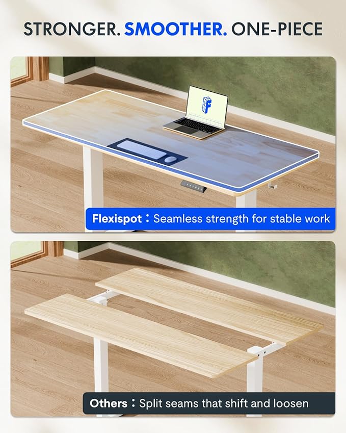 FLEXISPOT EN1 One-Piece Solid Wooden Standing Desk 55 x 24 Inches Height Adjustable Electric Sit Stand Home Office Desks (Silver Frame + Rubber Wood Top, 2 Packages)