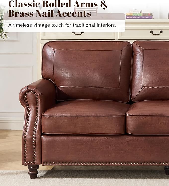 Kingfun Mid-Century Modern Couch, Faux Leather Sofa, 3 Seater Couch for Living Room with Rolled arms & Nailhead Trim, Dark Coffee