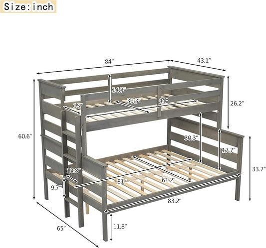 Solid Wood Twin XL Over Queen Bunk Bed with Ladder and Slat Support,Bedroom Detachable Bed Frame w/Easy Assembly & No Box Spring Required,for Kid Adult Boy Girl Teen,Gray