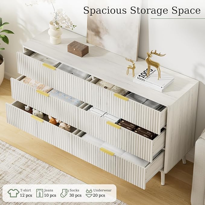 LYNSOM Fluted Dresser and Nightstand Set, 3 Pieces Bedroom Set, 55 Inch Wide 6-Drawer Dresser & 2-Drawer Nightstands Set of 2, Modern Dressers Set for Bedroom, Hallway, White