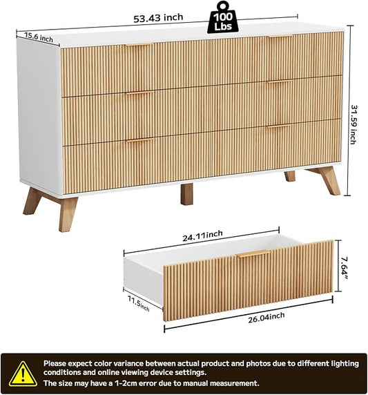 6 Drawer Dresser, 53.43 Inch Fluted Wood Double Dresser with Metal Handles Curved Design Wide Storage Organizer Cabinet Mid Century Modern Chest Dressers for Bedroom Living Room Entryway