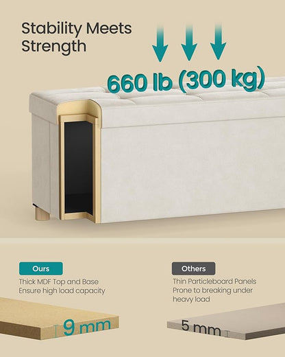 SONGMICS Storage Ottoman Bench, Folding Storage Chest, 15 x 43.3 x 15.7 Inches, Foot Rest Stool, 30 Gal. (112 L), Velvet Surface, for Bedroom, Entryway, Living Room, Cappuccino Beige ULSF0518W02