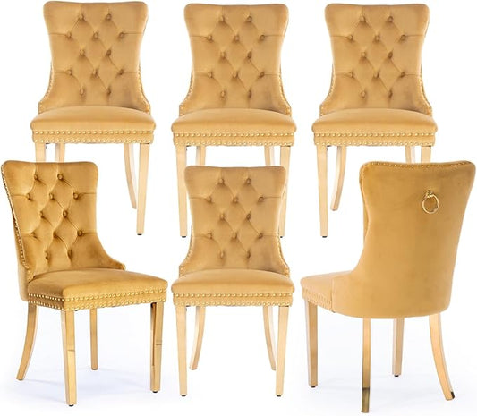 Velvet Upholstered Dining Chairs Set of 6, Modern Style Kitchen Side Chairs with Nailhead Trim and Gold Plated Leg, Metal Pulling Ring for Dining Room Living Room(Gold-Gold Plated Leg)