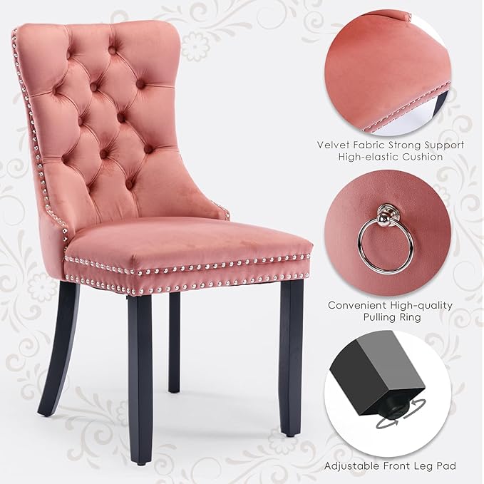 Velvet Upholstered Dining Chairs Set of 8, Modern Style Kitchen Side Chairs with Nailhead Trim and Wood Legs,Metal Pulling Ring for Dining Room Living Room(Pink)