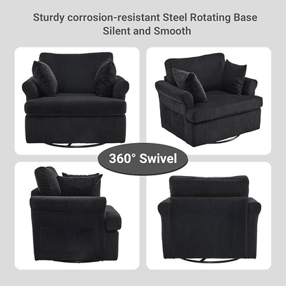Karl home Swivel Accent Chair Set of 2, 39" Oversized Armchair W/2 Pillows and 4 Pockets,Modern Corduroy Barrel Chairs,Comfy Single Sofa for Living Room,Reading,Bedroom and Office-Black