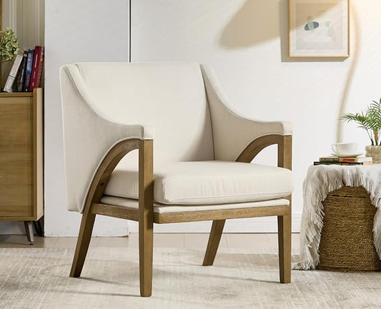 EALSON Modern Accent Chair Comfy Living Room Chair with Wooden Frame and Armrest Mid Century Upholstered Fabric Reading Lounge Armchair for Living Room/Bedroom/Reading/Balcony, Chenille White