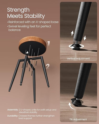 VASAGLE EKHO Collection - Dining Chairs Stools Set of 4, Upholstered Kitchen Chairs, Vanity Stools, Synthetic Leather with Stitching, Mid-Century Modern, 19-Inch Tall, Easy Assembly, Caramel Brown