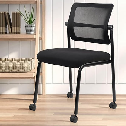 CLATINA Stacking Armless Office Guest Chair with Wheels, Stackable Mesh Waiting Room Reception Desk Chairs with Adjustable Backrest for Conference Lobby Side School, Black, 4PK