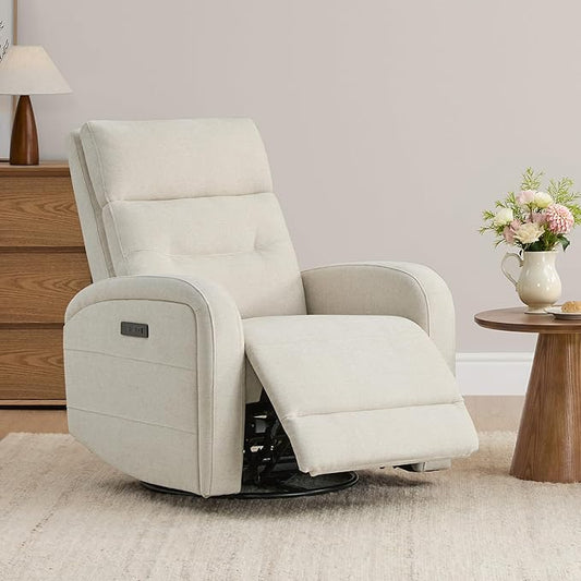 Watson & Whitely Swivel Power Recliner with Adjustable Headrest, Recliner Chairs for Adults, Small Glider Rocker for Living Room, Fabric in Linen