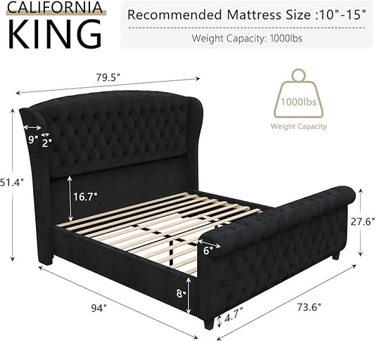 AMERLIFE California King Size Platform Bed Frame, Velvet Upholstered Sleigh Bed with Scroll Wingback Headboard & Footboard/Button Tufted/No Box Spring Required/Black